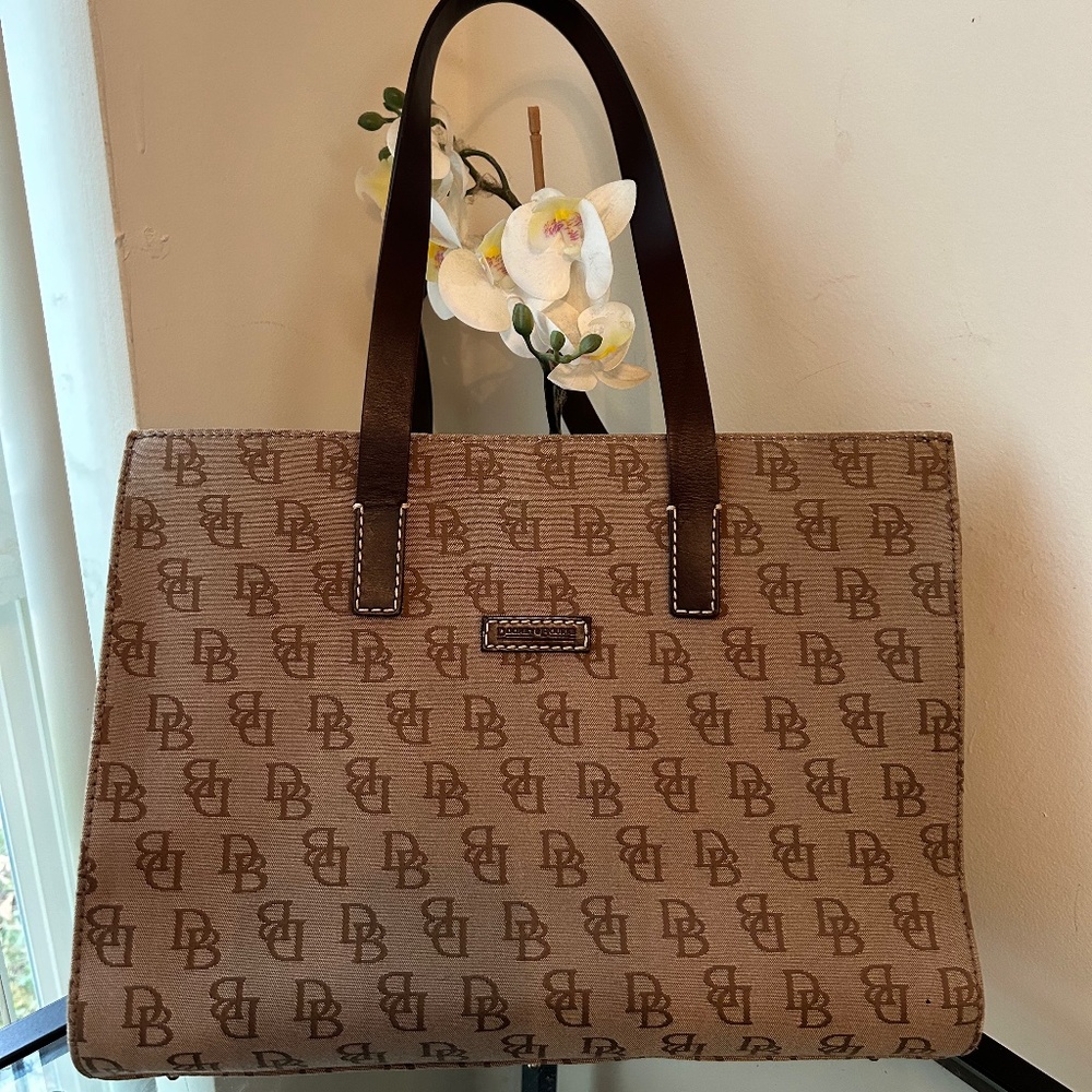 Dooney & Bourke Tan Monogram Tote With Brown Straps and Gold Hardware